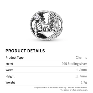 925 sterling silver forest wolf charm with pine tree design and white zircon inlay