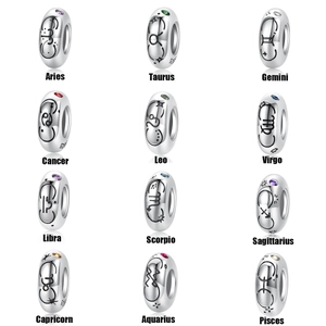 Set mit 12 S925 Sterling Silber Sternzeichen-Perlen mit farbigen Zirkonsteinen
