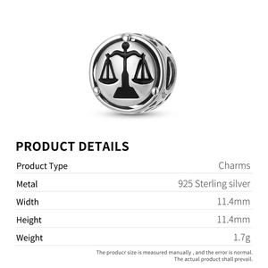 925 Sterling silver charm bead with Scales of Justice symbol measuring 11.4mm