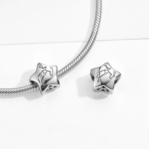 Macro shot of S925 sterling silver Aquarius star bead with zircon stones and star cutout