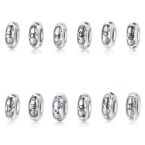 S925 Sterling Silber Tierkreis-Charms mit bunten Edelsteinen und Gravurzeichen