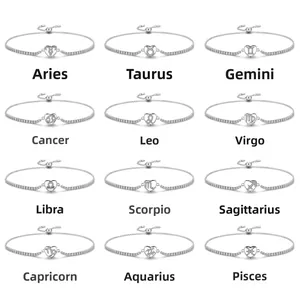 S925 Sterling Silver Heart 12 Zodiac Sign Bracelet Adjustable Tennis Chain Zirconia Inlaid Constellation Jewelry Gift For Women