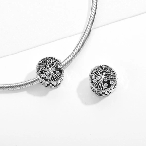 S925 sterling silver Tree of Life charm bead with white zircons on a snake chain