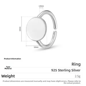 Technical drawing of S925 sterling silver ring showing 12mm face and 1.9mm thickness