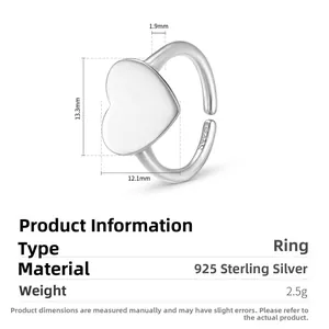Detail showing S925 sterling silver heart ring dimensions and internal hallmark stamp