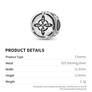 S925 sterling silver Witch's Knot charm bead with Celtic knot pattern and dimensions