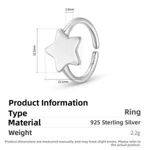 Detailed view of S925 sterling silver star ring showing hallmarked stamp and dimensions