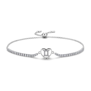 Detail of adjustable S925 silver tennis chain featuring a Gemini heart charm and zircon