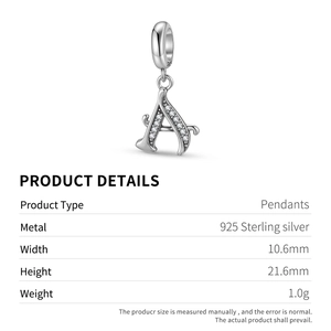 Detail view showing 925 sterling silver letter A charm with cubic zirconia inlay and dimensions