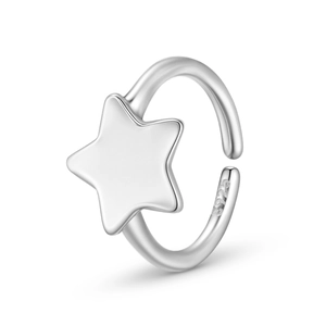 Macro shot of S925 sterling silver star ring showing engraved hallmark and polished finish