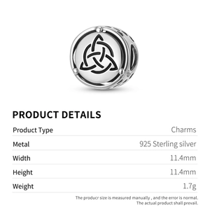 S925 sterling silver Triquetra charm with black Celtic knot and hollow heart patterns
