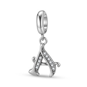 Macro shot of S925 sterling silver letter A charm with white zircon pavé and S925 stamp