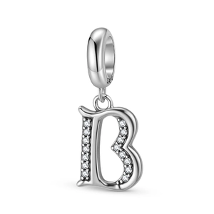 Detail of S925 sterling silver letter B charm with pave-set cubic zirconia stones