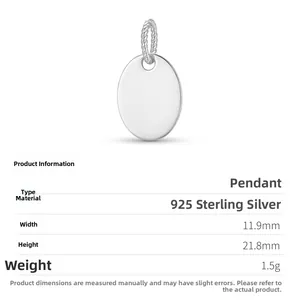 Detailed size specifications of an oval S925 sterling silver pendant showing 11.9mm by 21.8mm