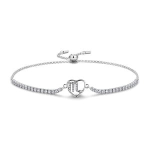 Macro detail of S925 silver Scorpio heart bracelet with zircon stones and adjustable bolo clasp