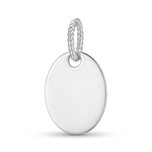 Polished silver oval pendant with twisted cable bail detail on a white background