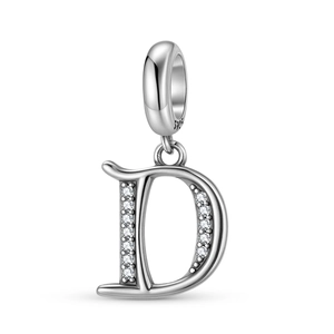 Detailed close-up of S925 silver letter D charm with pavé cubic zirconia inlay