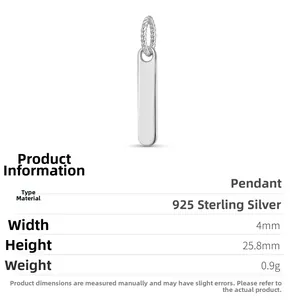 Detailed dimension guide for S925 sterling silver bar pendant showing 25.8mm height