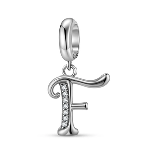 Detailed view of S925 sterling silver letter F charm with white zircon stones
