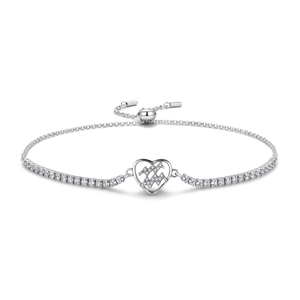 Macro shot of S925 silver Aquarius heart bracelet featuring zircon pavé and adjustable slide clasp