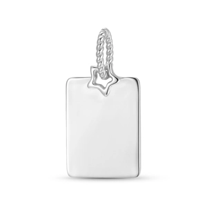 Detailed macro of a rectangular S925 silver pendant with star charm and twisted bail ring