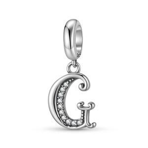 Close-up of S925 sterling silver letter G charm with cubic zirconia inlay and S925 stamp