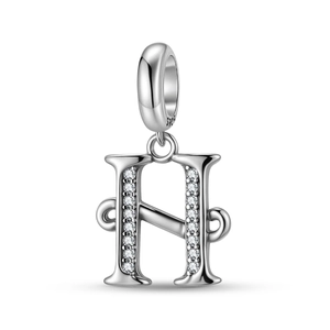 Detailed view of S925 sterling silver H-letter pendant with sparkling zircon inlays