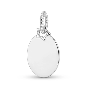 Macro detail of polished S925 sterling silver oval pendant with star charm connector
