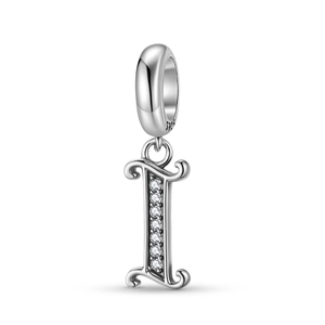 Detailed view of S925 sterling silver letter I pendant with sparkling zircon stones