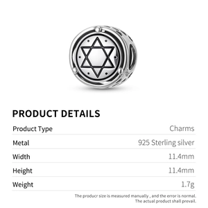 925 Sterling Silver Seal of Solomon charm bead for DIY bracelets with star motif