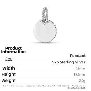 Detail of 925 sterling silver round charm pendant showing 13mm width and 19.6mm height