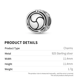 S925 sterling silver Trikaya symbol charm bead with detailed product dimensions and weight