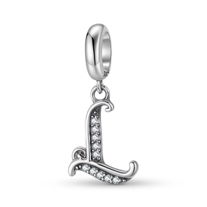 Macro shot of S925 sterling silver Letter L charm with sparkling zirconia inlay