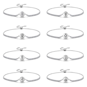 925 Sterling Silver Professional Symbol Bolo Bracelet For Women Adjustable Rhinestone Tennis Chain Round Plate Jewelry