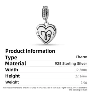 S925 sterling silver heart charm with white zircon inlay and ornate script pattern