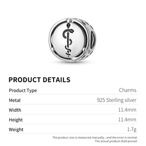 925 sterling silver Rod of Asclepius charm with hollow hearts and medical symbol