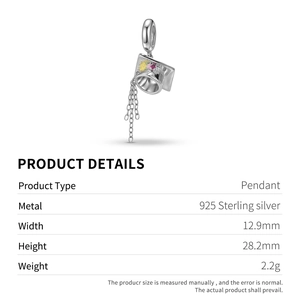 Detailed size parameters of 925 sterling silver graduation cap pendant with zircons