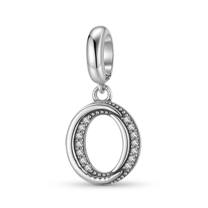 Detailed view of S925 sterling silver letter O charm with sparkling cubic zirconia inlay