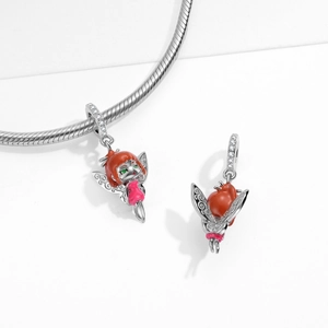 S925 sterling silver garden fairy pendant with pink enamel wings on a snake chain bracelet