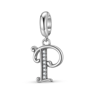 Detailed view of S925 sterling silver letter P charm with sparkling zircon inlay