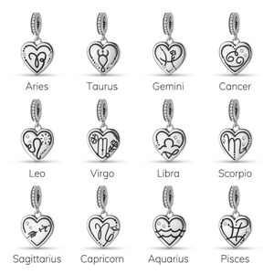 Set of 12 S925 sterling silver heart-shaped zodiac charms with white zircon inlays