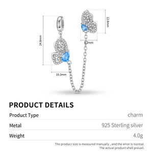 Detail view of S925 silver butterfly charm with blue zircon stones and size specifications