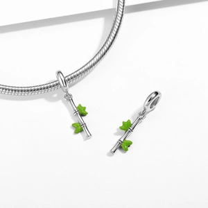 S925 sterling silver bamboo joint pendant with green enamel leaf for DIY bracelets