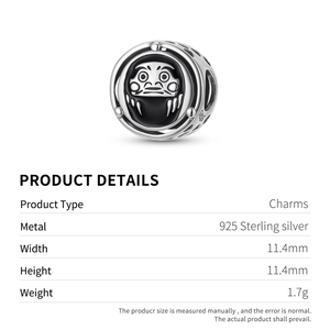 Japanese Daruma S925 sterling silver charm bead with black enamel details and dimensions