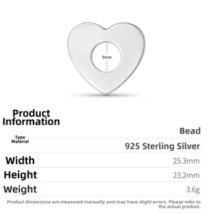 Detailed view of heart-shaped S925 sterling silver pendant showing 25.3mm width and 9mm hole