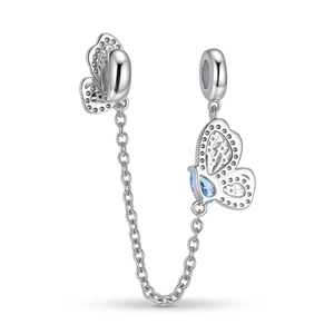 S925 sterling silver butterfly safety chain with blue zircon and sparkling crystals