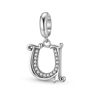 Close-up of S925 sterling silver letter U charm with pave set cubic zirconia stones