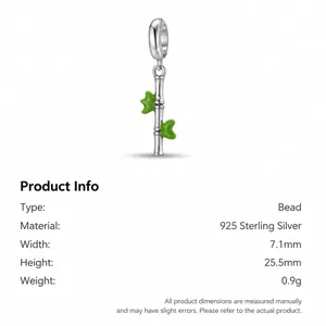 S925 sterling silver bamboo bead pendant with green enamel leaves, 25.5x7.1mm charm