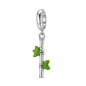 S925 sterling silver bamboo joint charm with green enamel leaves for DIY bracelets