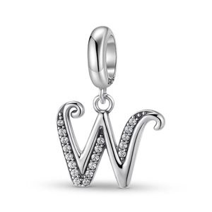 Macro detail of S925 sterling silver letter W charm with micro-set cubic zirconia